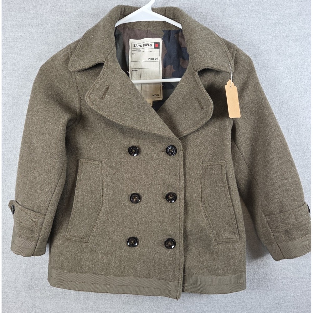 ZARA Surplus Girls 8 Wool Peacoat Camo Lined Double Breasted Army Green Jacket